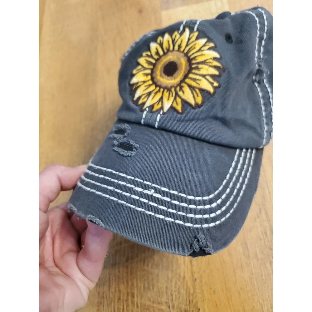 Sunflower Strapback Baseball Cap Gray One Size Adjustable Embroidered Distressed